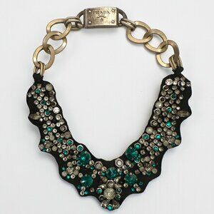 Prada Chunky Chain Necklace | Emerald & Clear Crystals | Logo Clasp